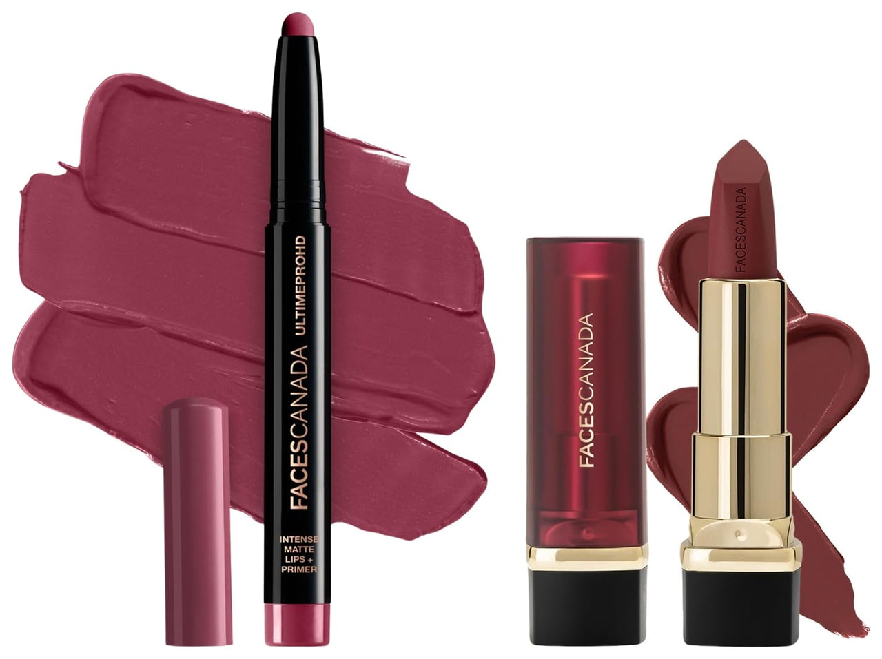 FACESCANADA Comfy Matte Creme Lipstick - On The Move 05, 4.2G | 8Hr Long Stay & Faces Canada Ultime Pro Hd Intense Matte Lipstick + Primer - Wine Shot (Plum), 1.4G | 9Hr Long Stay