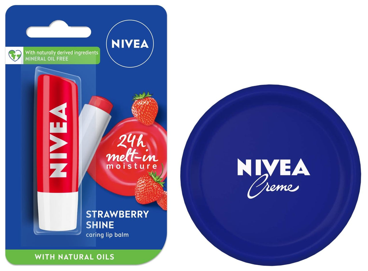 NIVEA Crème, All Season Multi-Purpose Cream, 100ml & NIVEA Lip Balm, Fruity Strawberry Shine, 4.8g