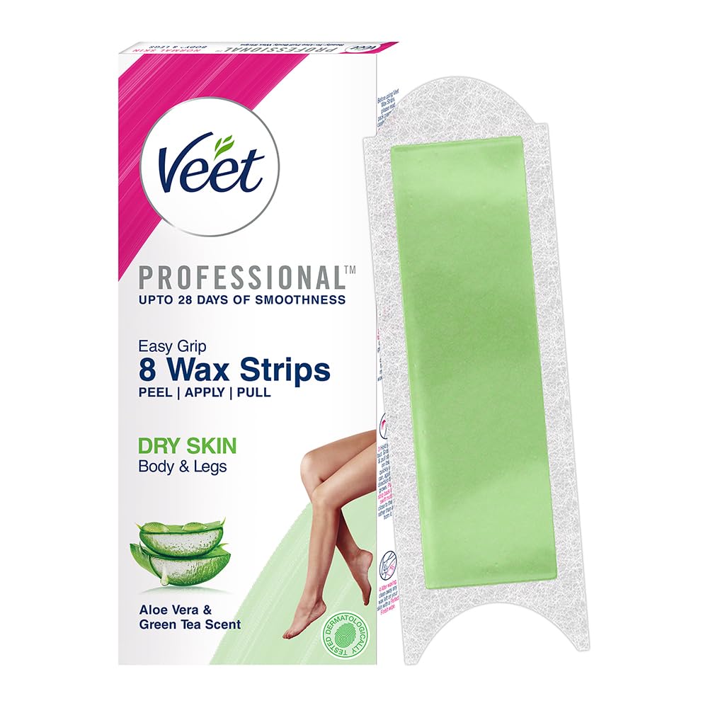Veet Professional Waxing Strips Kit for Dry Skin, 8 Strips | Gel Wax Hair Removal for Women | Up to 28 Days of Smoothness | No Wax Heater or Wax Beans Required