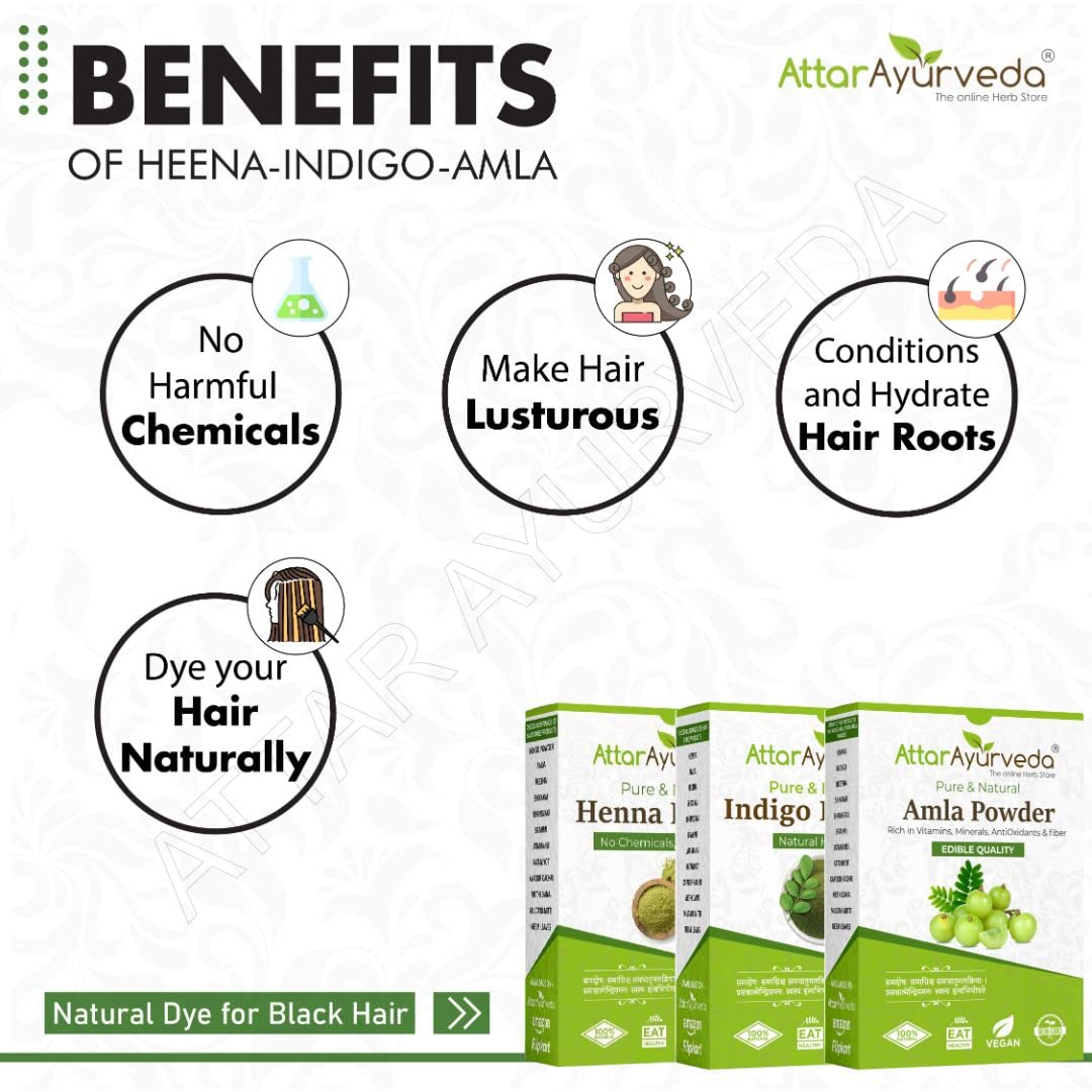 Attar Ayurveda Henna Leaves Powder, Indigo Leaves powder and Amla Powder Combo (650 Grams)