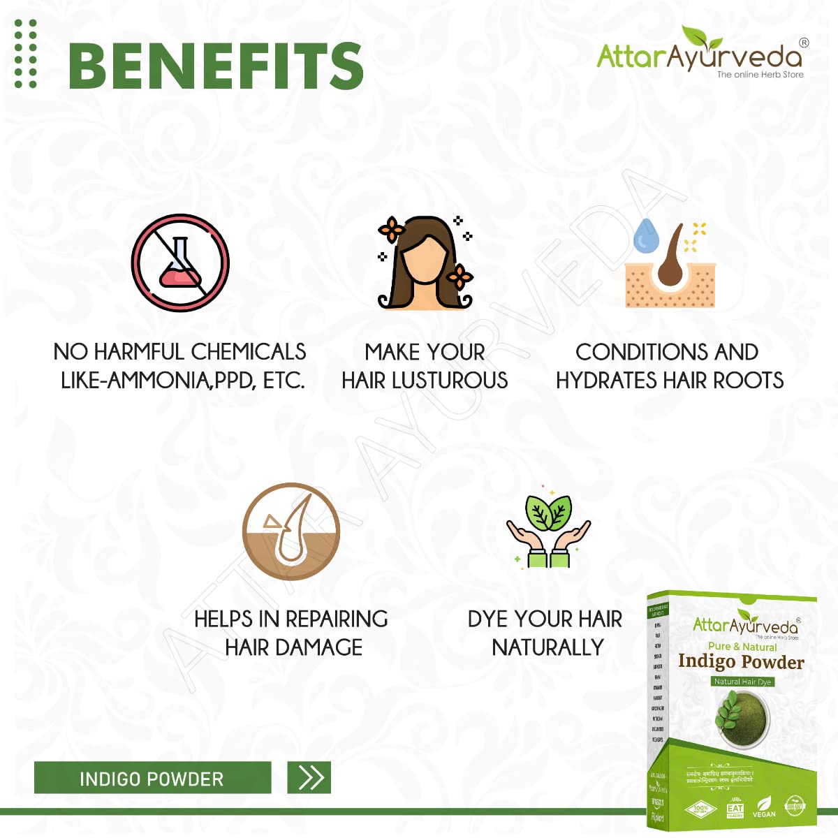 Attar Ayurveda Indigo Powder For Black Hair, 400g