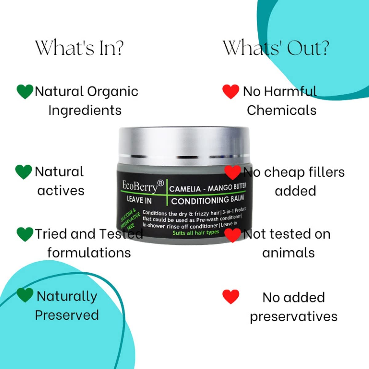 EcoBerry Camellia Mango Butter Leave In Conditioning Balm | Dry & Frizzy Hair, Organic, Silicone Free, Paraben Free, Chemical Free, Cruelty Free, Mineral Oil Free, Preservative Free, Veg