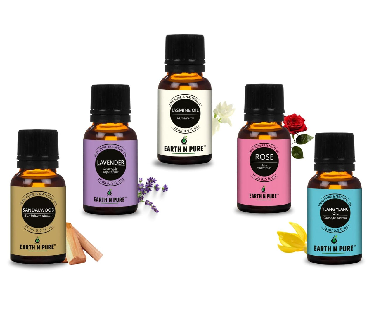 Earth N Pure Lavender Oil, Sandalwood Oil, Jasmine Oil, Rose Oil and Ylang Ylang Oil Pack of 5 – 15 ml each