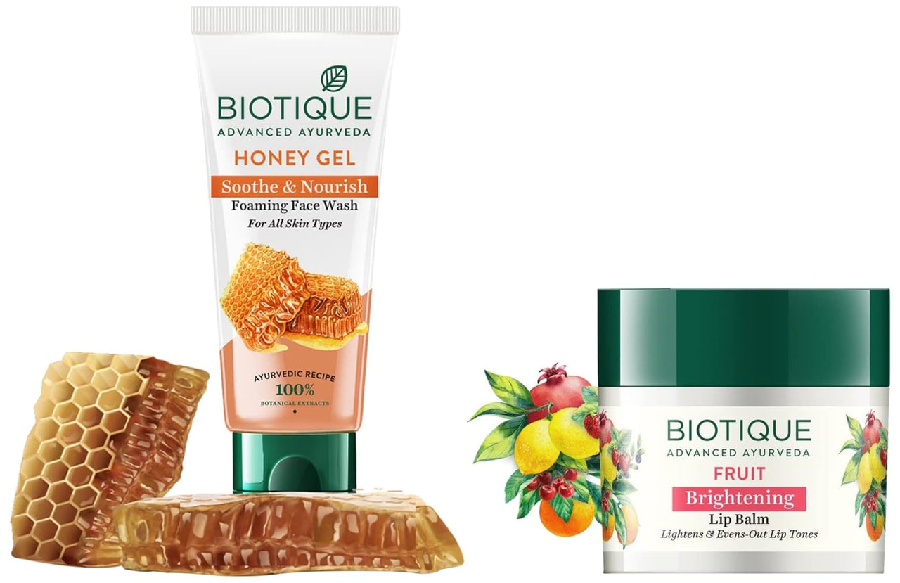Biotique Bio Fruit Whitening Lip Balm, 12G And Biotique Bio Honey Gel Face Wash For All Skin Types, 100Ml