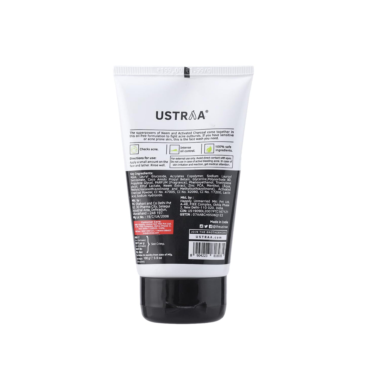 Ustraa Face Wash Acne Control - With Neem & Charcoal - 100 g x 2 - Oil control, Prevents Acne, Especially for Oily skin | Keeps Face Non-Sticky, Non-Oily | No SLS, No Paraben