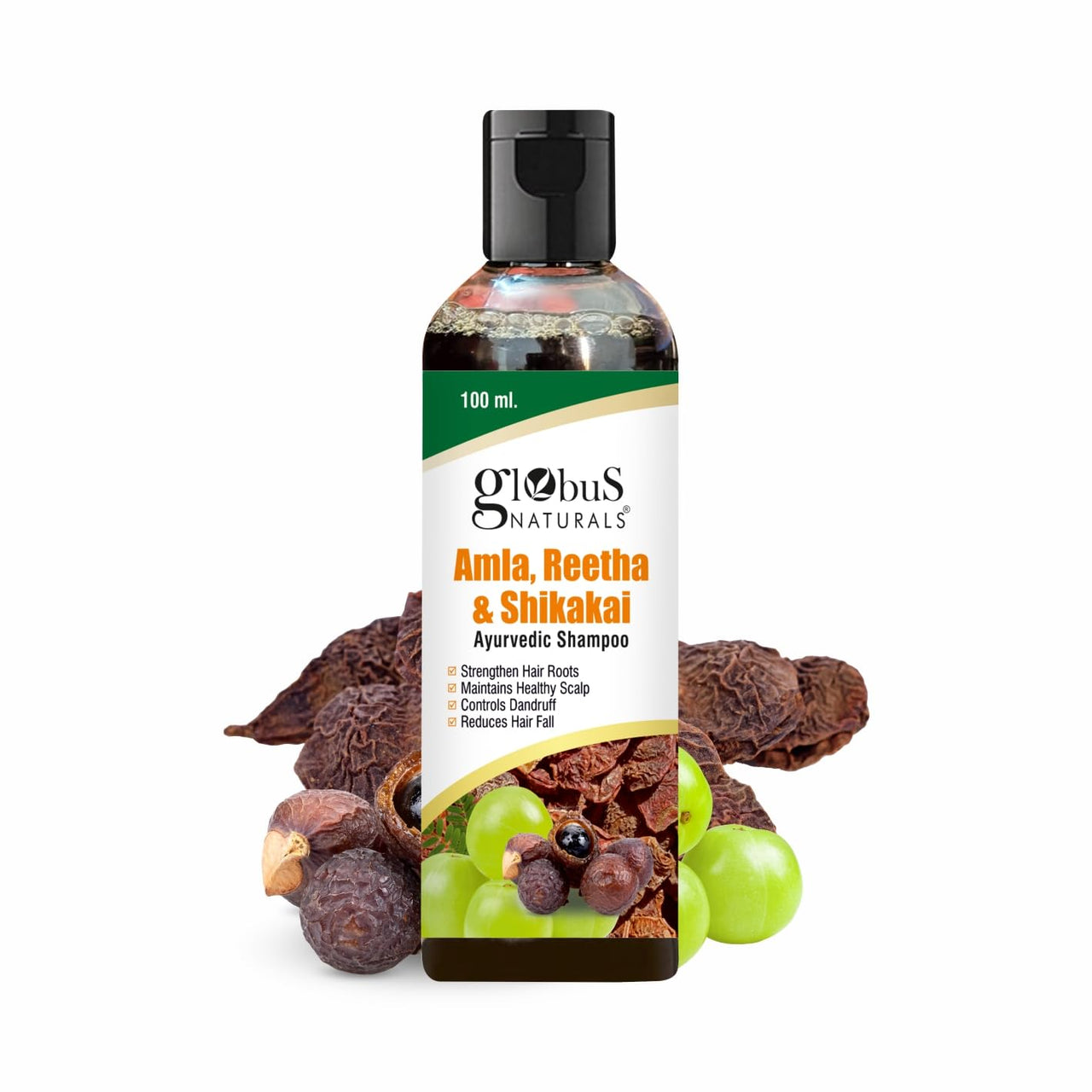 Globus Naturals Amla Reetha Shikakai Shampoo - Natural & Mild Cleanser for Healthy Hair and Scalp, Suitable for All Hair Types - 100 ml