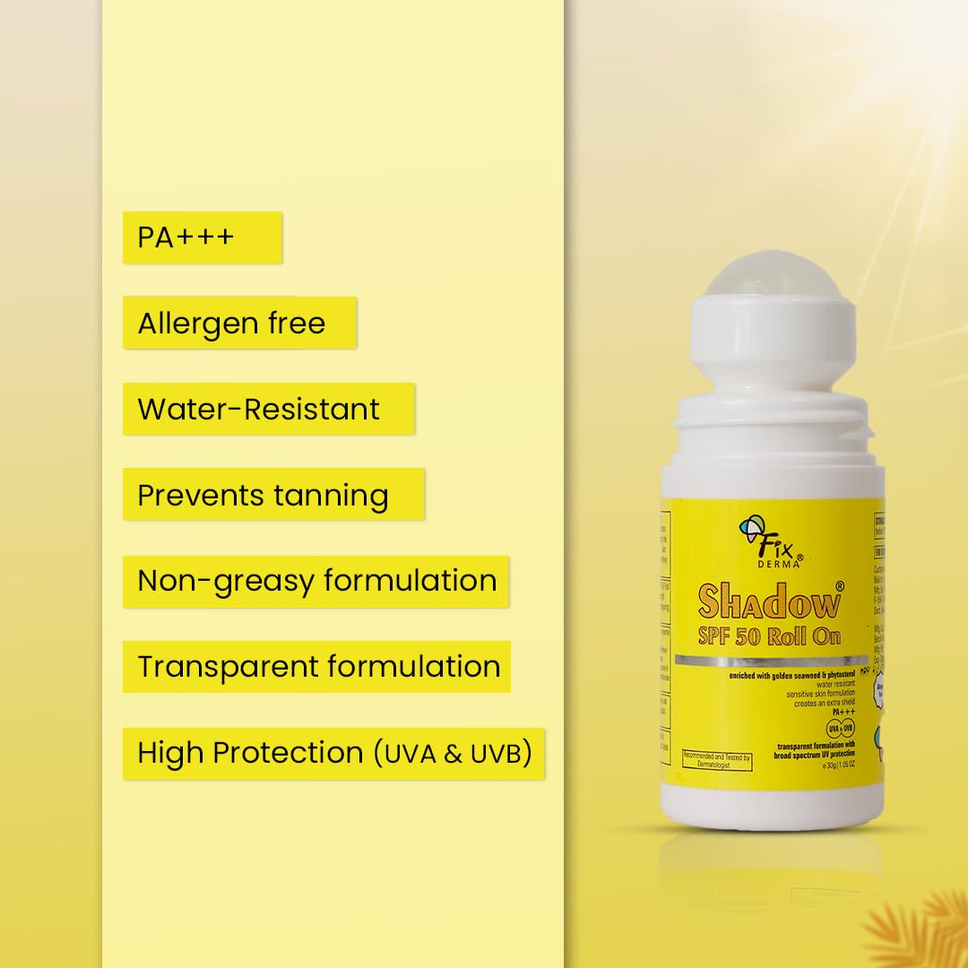 FIXDERMA Shadow Spf 50 Roll On, Sunscreen Spf 50 For Face, Sun Screen Protector Spf 50, Sunscreen For Uva & Uvb Protection, Sunscreen For Women & Men - 30Gm - Combination