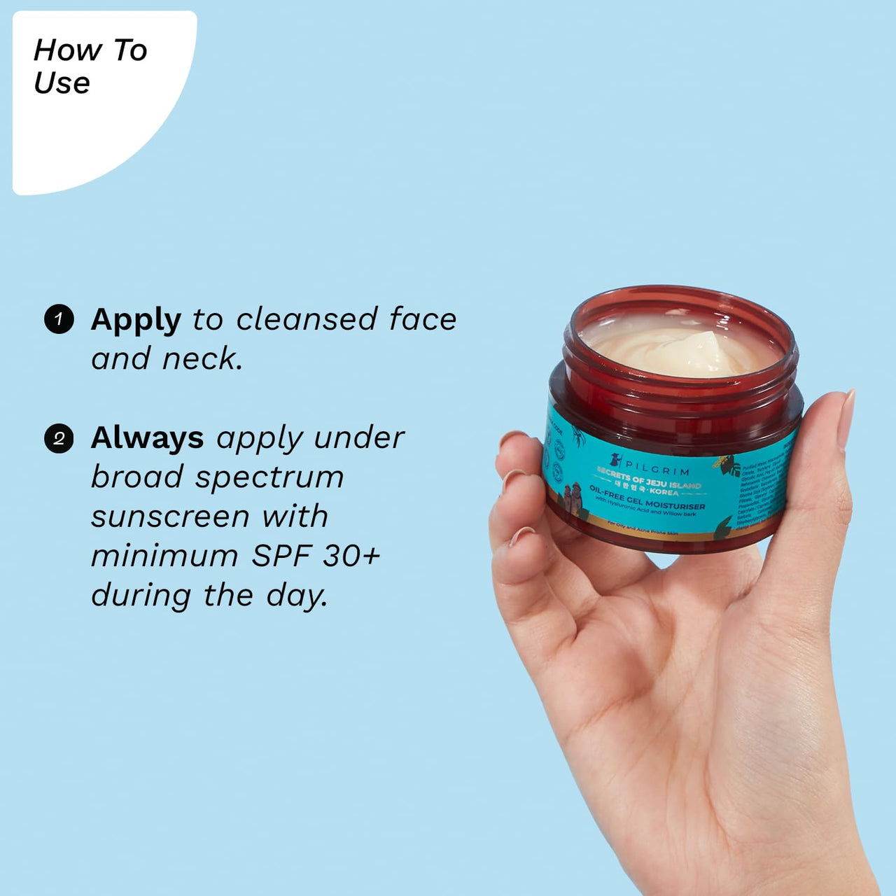 Pilgrim Korean Oil free Gel Moisturizer for oily skin with Hyaluronic Acid & Willow Bark Extracts | Moisturiser for face | Suitable for Oily & Acne-Prone Skin| Men & Women | Korean Skin Care | 50gm