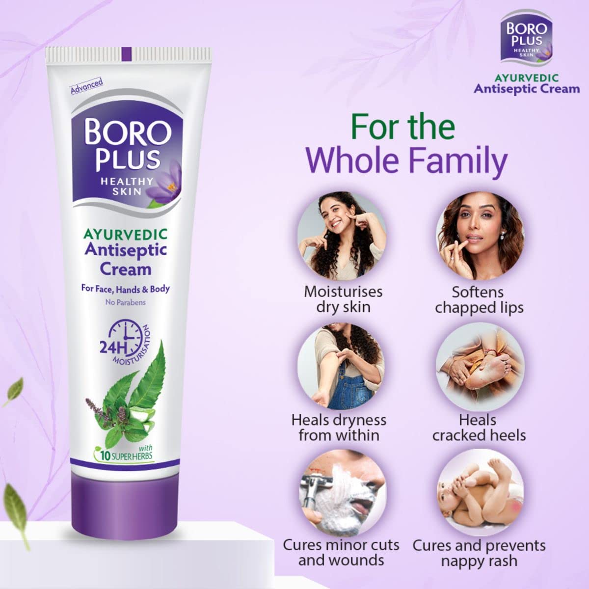 BOROPLUS Antiseptic Cream, 24 Hour Moisturisation, Ayurvedic, Neem, Tulsi & Aloe Vera, 80ml (Pack of 3)