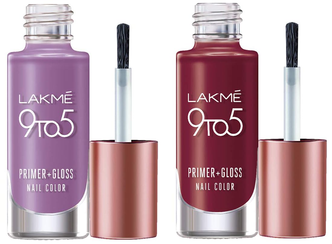 Lakmé 9 To 5 Primer + Glossy Finish Nail Colour & 9 To 5 Primer + Glossy Finish Nail Colour Combo, 6 Ml