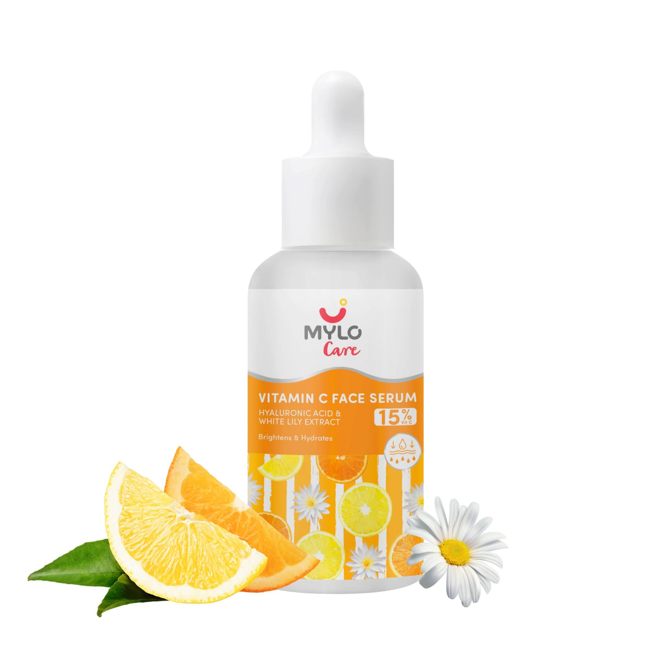 Mylo 15% Vitamin C Face Serum with Hyaluronic Acid & Daisy Flower Extract | Brightens Skin | Reduces Fine Lines, Wrinkles & Dark Spots 30 ml