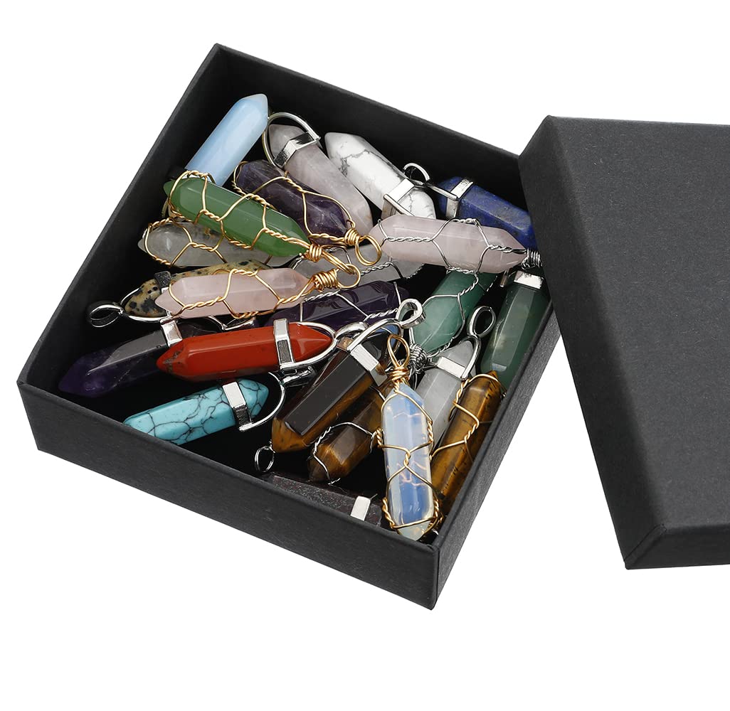 Lezam 24 Pcs Healing Chakra Crystal Pendant Hexagonal Pointed Natural Bullet Shaped Gemstone Wire Wrapped Quartz Stone Charm Pendants for Necklace Jewelry Making(12-12) 24-A