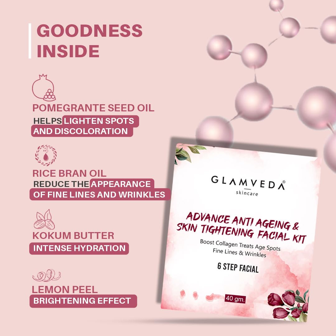 Glamveda Advance Anti Ageing & Skin Tightening Facial Kit | 6 steps | Lightens Fine Lines & Wrinkles | Sulphur & Paraben Free | 40 GM
