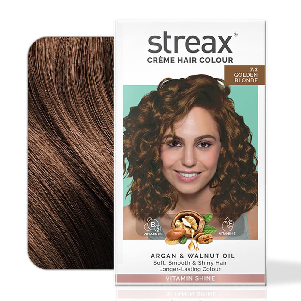Streax Permanent Hair Colour, 100% Grey coverage, Infused with Argan and Walnut Oil, Long Lasting Cream Hair Colour for Women, Blonde hair Colour, 7.3 Golden Blonde, 120 ml, Pack of 1