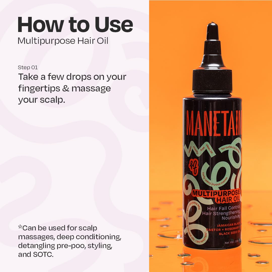 MANETAIN Multipurpose Hair Oil 100ml for Curly Hair, Wavy Hair | Nourishing Elixir for Hair Fall | Frizz-fighting & Strengthening with Jamaican Black Castor, Rosemary & Black Seed Oils | Multipurpose Hair Oil with 12 Natural Oils | Lightweight, Non-Greasy