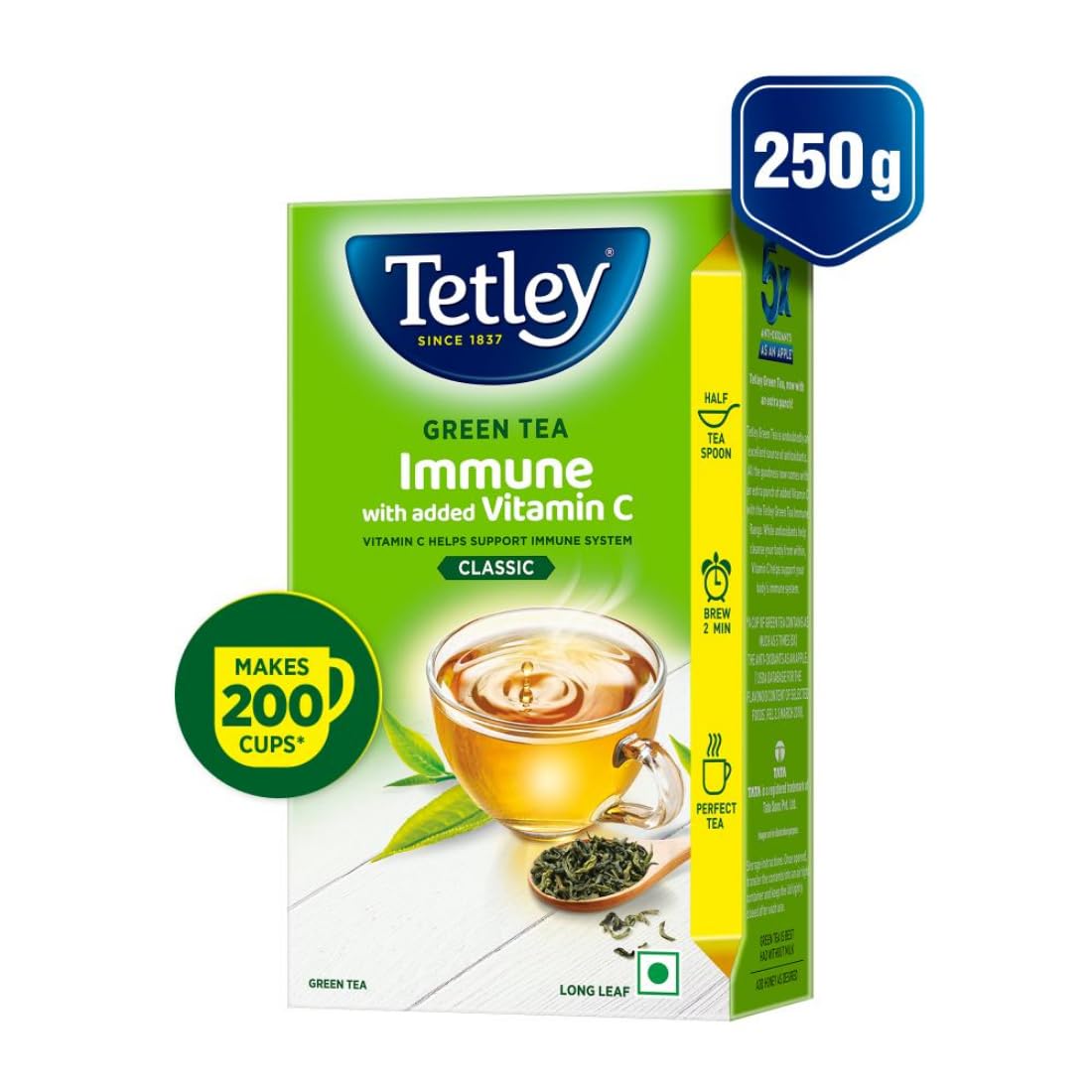 Tetley Loose Green Tea Leaves 250g, Classic Flavour, Immune With Added Vitamin C, Makes 200 Cups, Long Leaf Tea, 5X Antioxidants As An Apple
