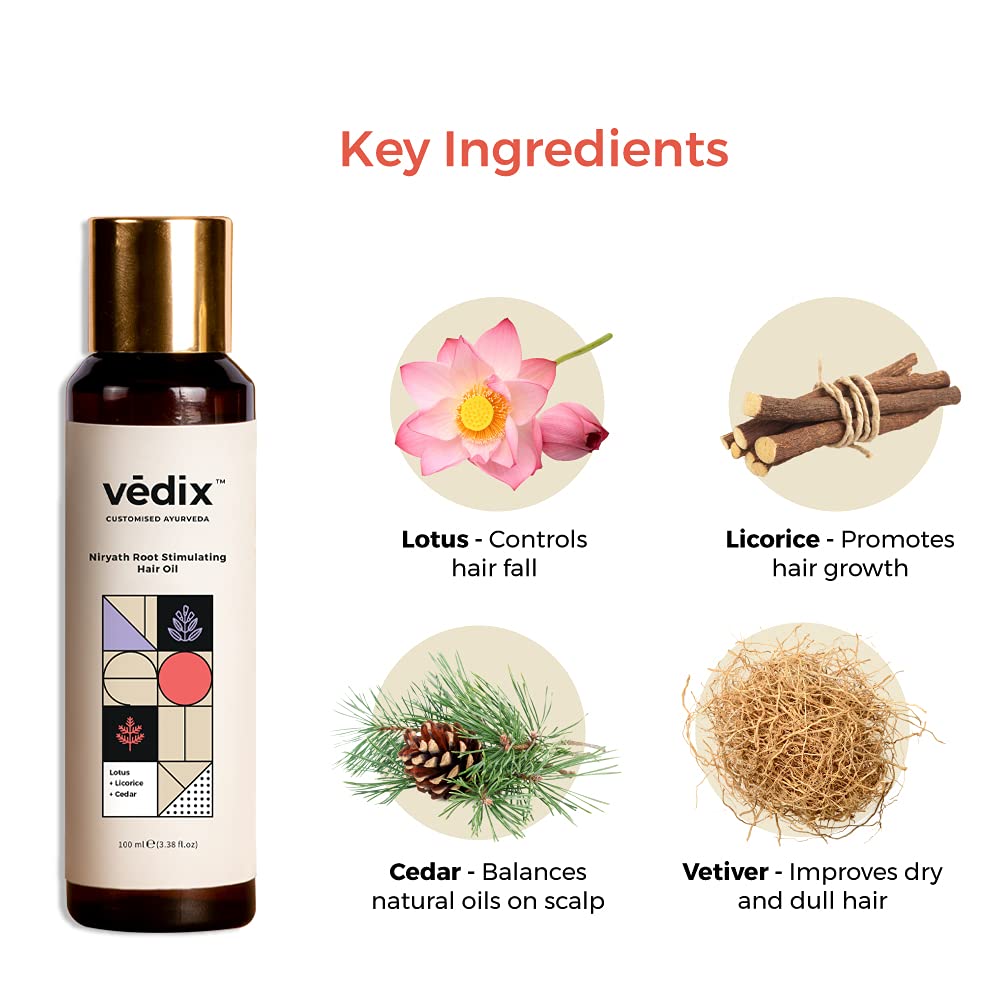 Vedix Niryath Root Stimulating Ayurvedic Hair Oil | Hair Growth Oil With Lotus + Licorice + Cedar - Customized Anti Hair Fall Control Oil - 100ml