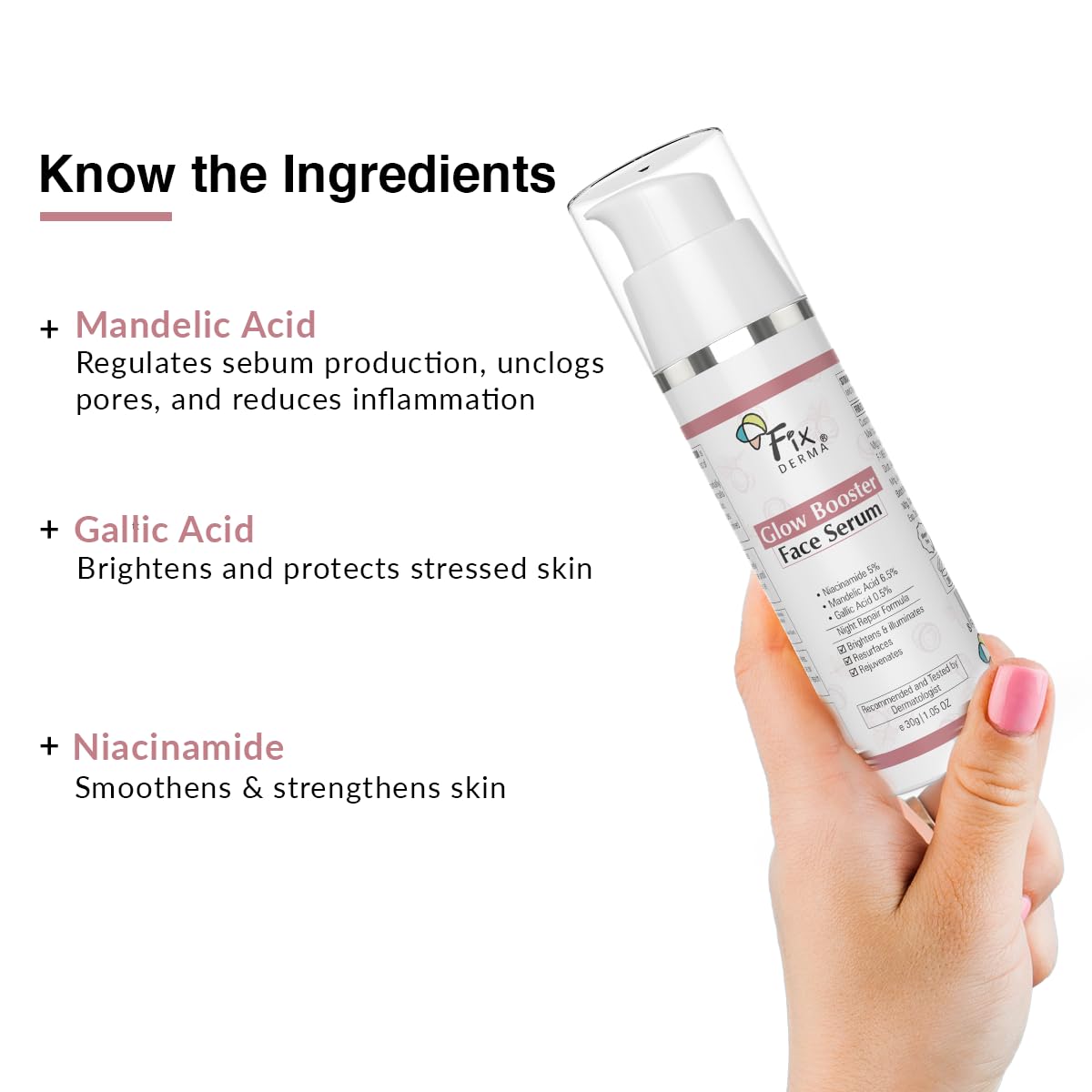Fixderma 5% Niacinamide Serum Glow Booster Face serum with 6.5% Mandelic Acid & 0.5% Gallic Acid | Skin Brightening Serum | Face Serum for Men & Women - 30g