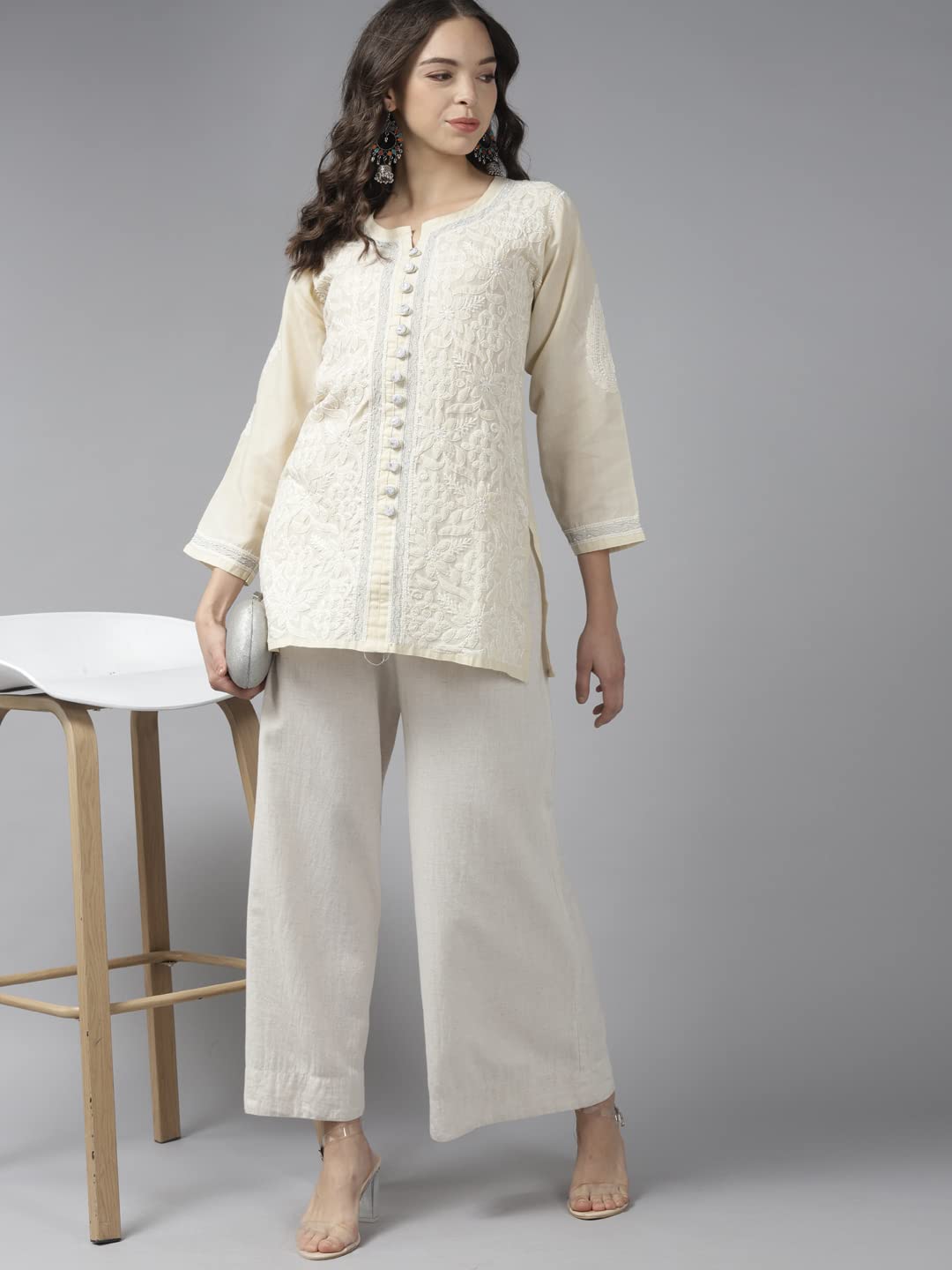 Ada Women's  Hand Embroidered Lucknowi Chikankari Cotton Straight Short Top Kurti A178625