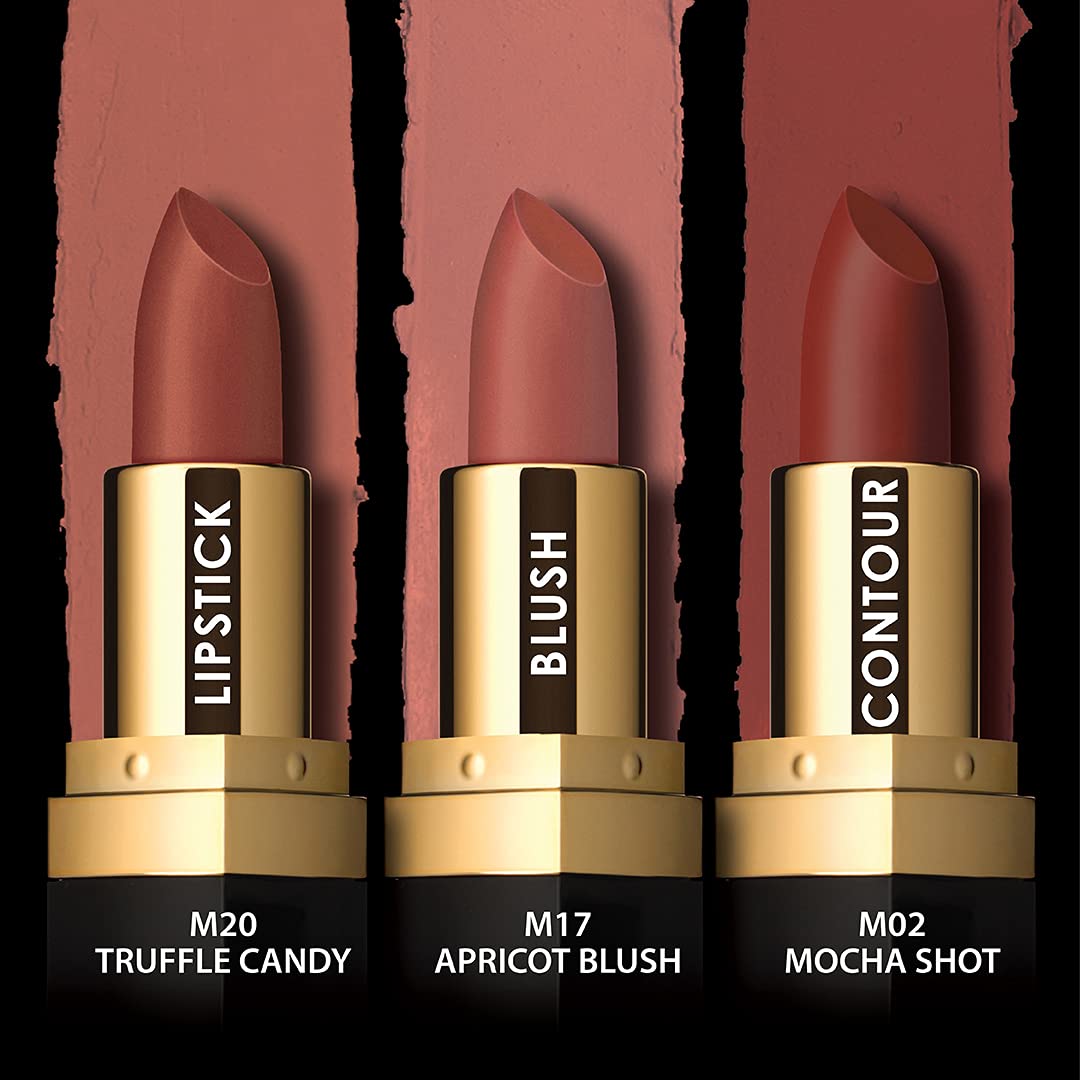 Iba Multi-Tasking Lipstick Trio - Peach Sorbet, Lipstick, Blush, Contour Brown Matte, 12g (Pack of 1) | Halal Certified & Vegan Makeup