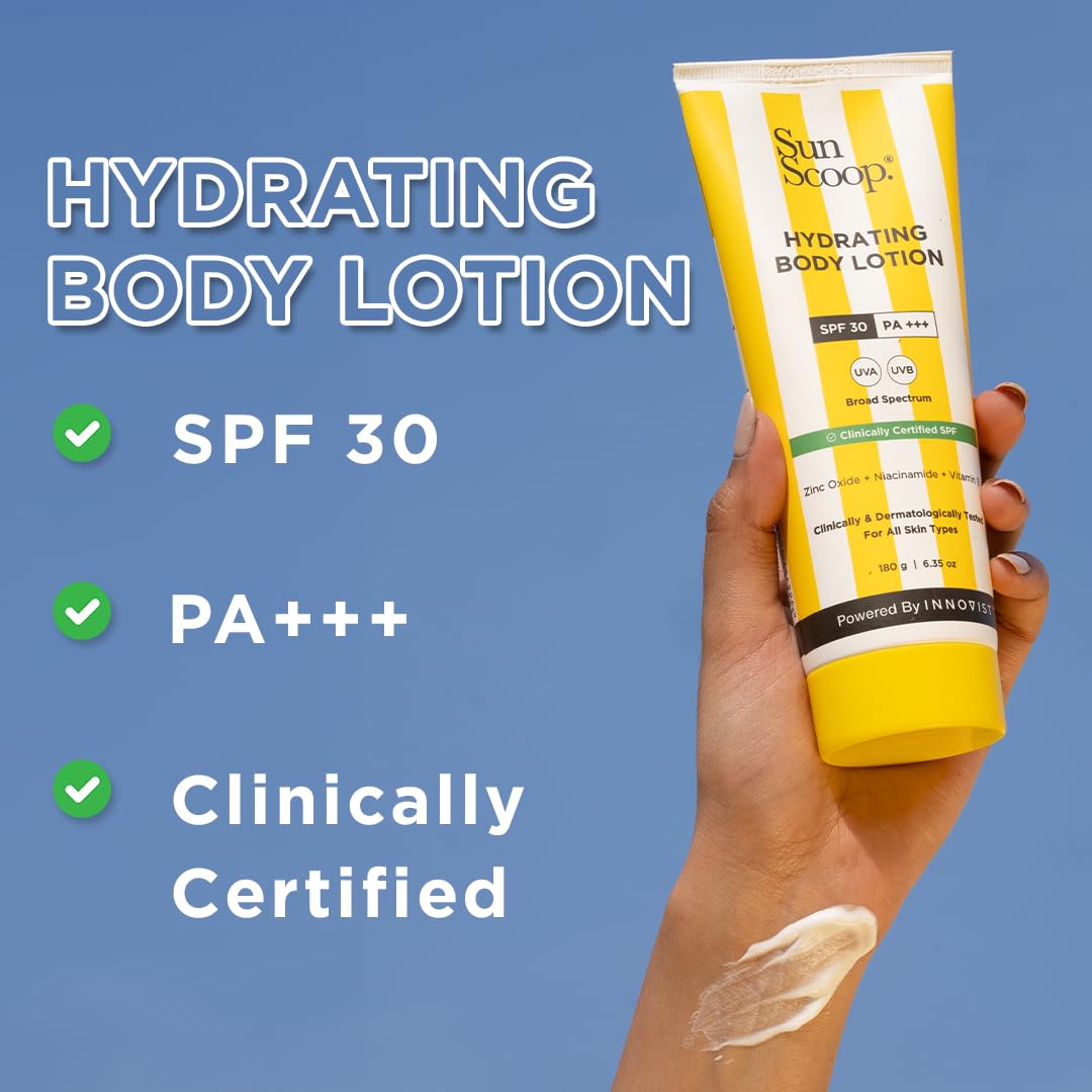 Sunscoop Hydrating Body Lotion SPF 30 PA+++ | UVA & UVB Protection | Moisturization | Niacinamide for even skin tone | Vitamin E for nourishment | Suits All Skin Types | 180gms