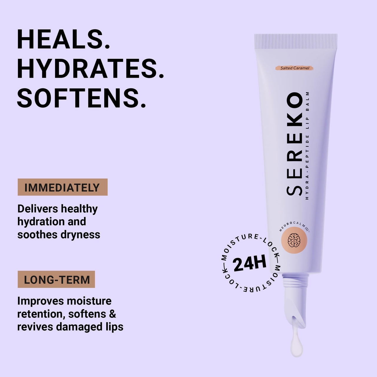 Sereko Hydra Peptide Clear Lip Balm for Dry & Chapped Lips With Ceramides & Squalane | Long Lasting Hydration, 24H Moisture Lock, Repair, Plumps & Smooths | Non Tinted | Salted Caramel - 8gm