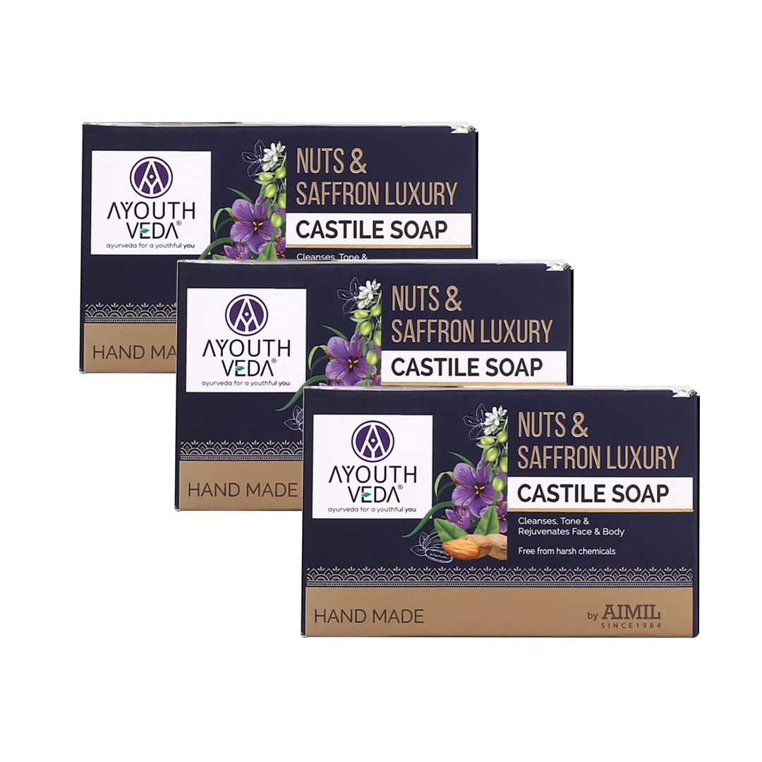 Ayouthveda Nuts & Saffron Luxury Castile Soap | CleanseTones & Rejuvenates Skin | Natural & Herbal Soap With Goodness Of SaffronAlmond & Olive Oil | Without Harmful Chemicals (Pack Of 3-100g each)