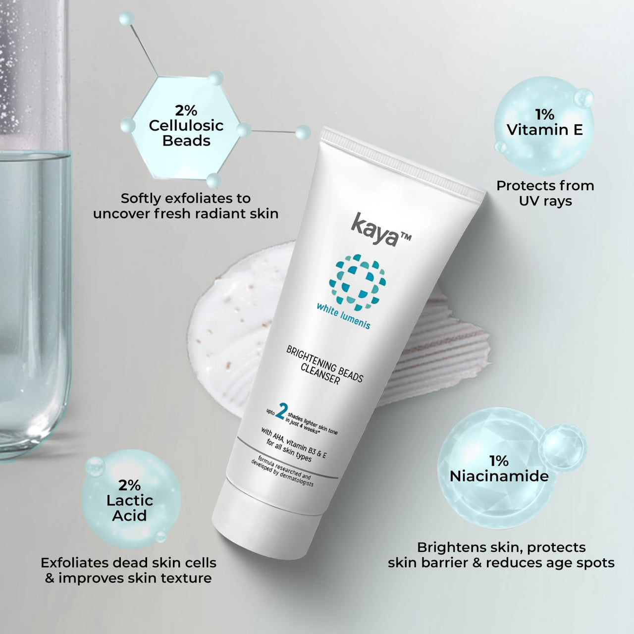 Kaya Clinic Brightening Beads Cleanser with AHA, Niacinamide, Vitamin E, Daily Use Exfoliating & Brightening Face Wash, Hydrating Cleanser for All Skin Types, 100ml