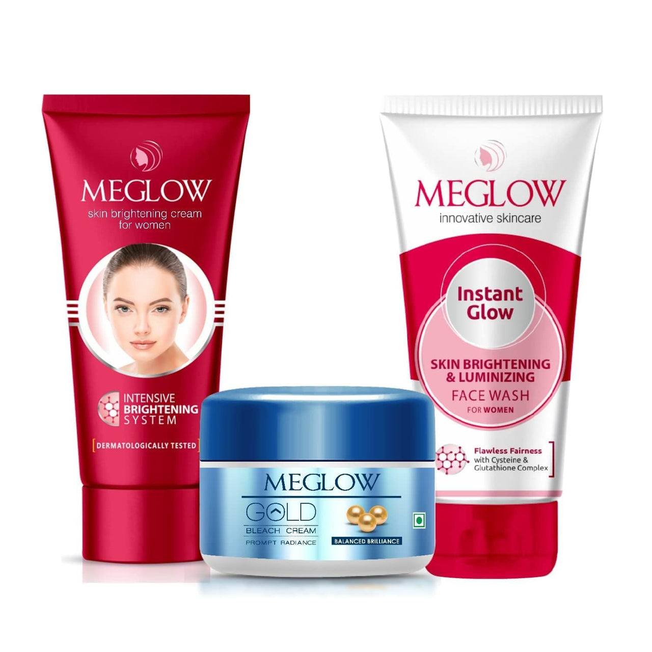 Meglow Skin Care Combo Pack of 3-Gold Bleach cream (50g)|Face Cream For Women (50g) with Aloevera Extracts & Vitamin E|Instant Glow Face Wash (70g)+Skin Brightening and Luminizing for Radiant Skin