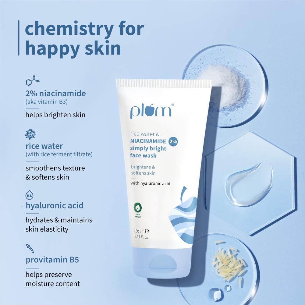 Plum Simply Bright 2% Niacinamide Face Wash with Rice Water | Brightens, Softens & Smoothens Skin | for Oily, Acne Prone, Dry, Normal, Sensitive Skin | Gentle & Non-Drying | for Men & Women | 150ml
