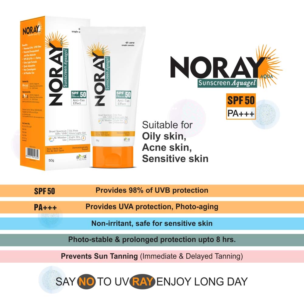 Vegetal Noray Aquagel Broad Spectrum Sunscreen, Spf-50, Pa+++ With Anti Tan Effect - 50G - Dry