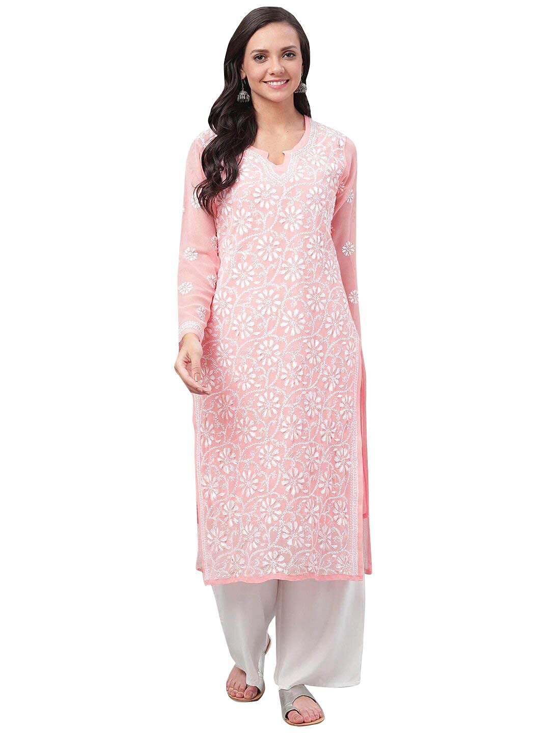 Ada Hand Embroidered Women's  Georgette Lucknowi Chikankari Kurta with Slip A90397 White