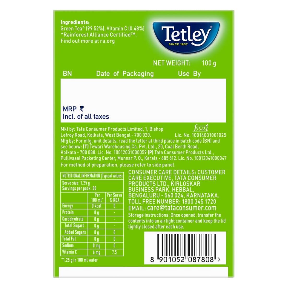 Tetley Loose Green Tea Leaves 100g, Classic Flavour, Immune With Added Vitamin C, Makes 80 Cups, Long Leaf Tea, 5X Antioxidants As An Apple