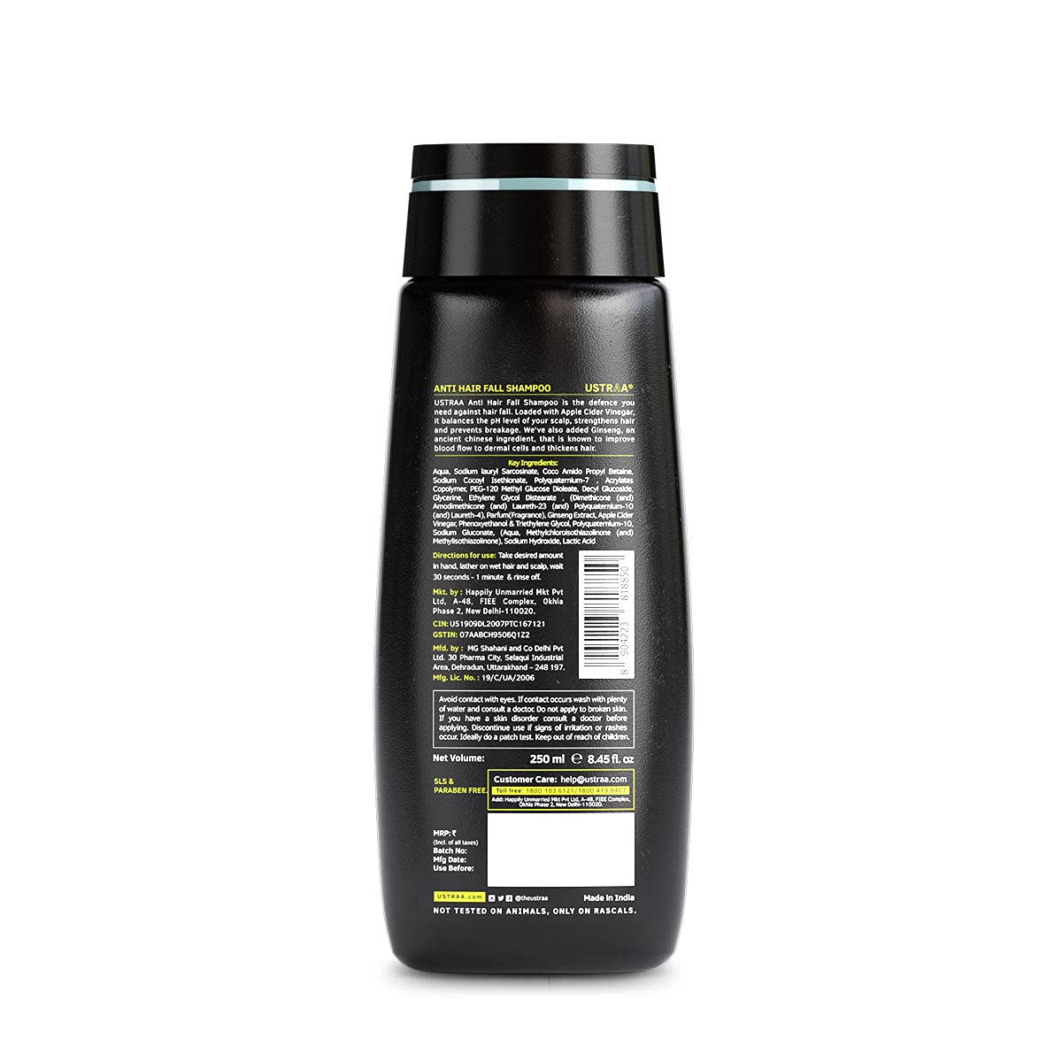 Ustraa Anti Hair Fall Shampoo - 250ml x 2 - Dermatologically Tested, With Apple Cider Vinegar, Stronger Hair & Clean Scalp | Prevents Hairfall | No Sulphates, No Parabens.