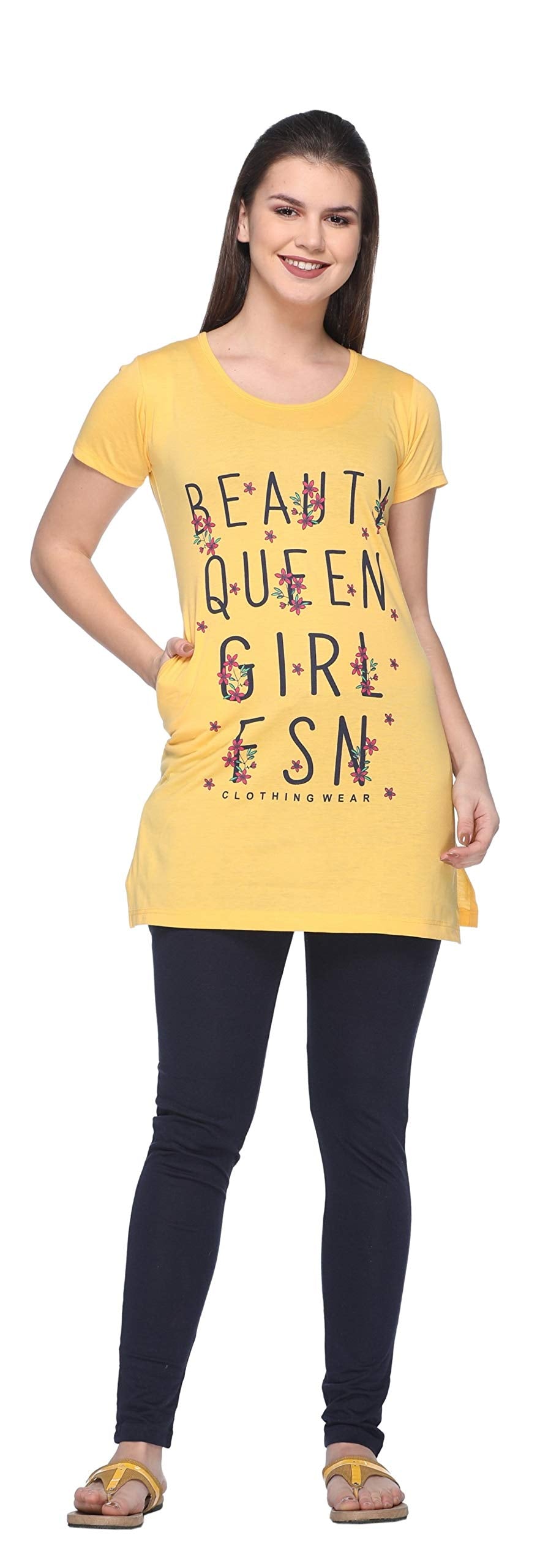 In Love Ladies Long Knee Length Chest Printed Side Slits Tshirts