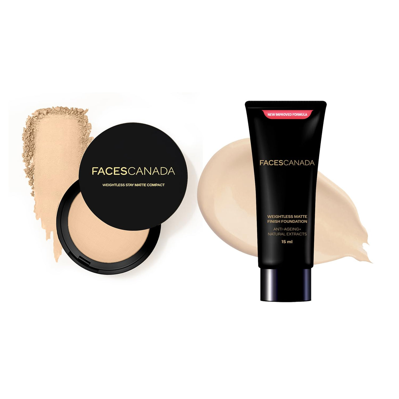 FACESCANADA Weightless Stay Matte Compact Vitamin E & Shea Butter, Spf 20 Natural 02, 9 Gram & Weightless Matte Finish Foundation Mini 18 Ml, Ivory,All Type Skin, 1 Count, Beige