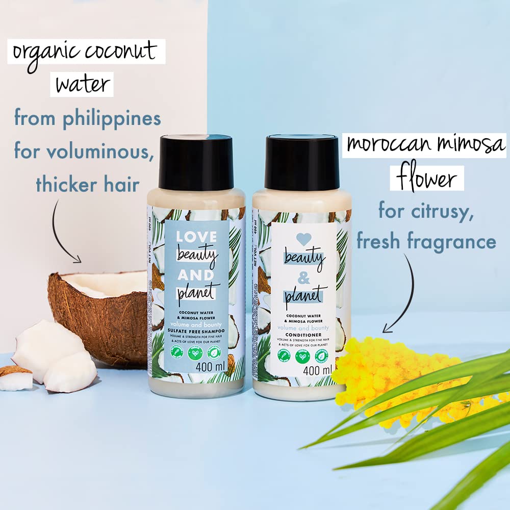 Love Beauty & Planet Coconut Water and Mimosa Flower Sulfate Free Volume and Bounty Shampoo|| No Parabens|| No Dyes|| 100% Organic Coconut Oil|| 400ml