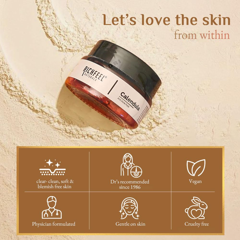 Richfeel Anti Acne Mud Pack | Soothing Calendula, Super Mud Kaolin & Bentonite | Fights Acne, Blackheads & Scars | Physician Formulated | 50g