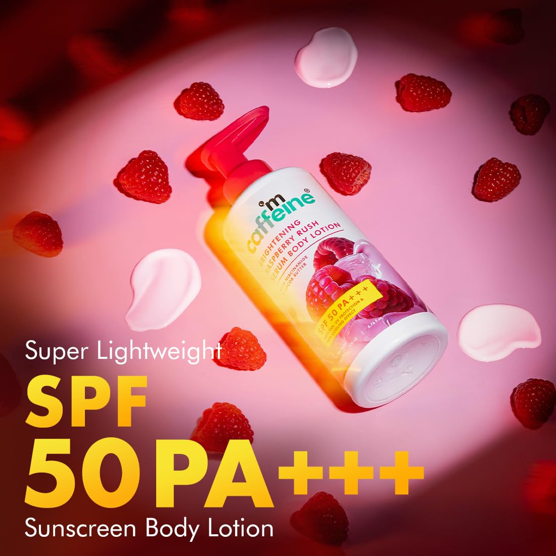 mCaffeine Brightening SPF 50 PA+++ Body Sunscreen Lotion | Instant Cooling, De-tan Body Lotion with Vitamin C Rich Raspberries & Niacinamide | Lightweight, Non-sticky Sun Protection - 200ml