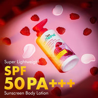 mCaffeine Brightening SPF 50 PA+++ Body Sunscreen Lotion | Instant Cooling, De-tan Body Lotion with Vitamin C Rich Raspberries & Niacinamide | Lightweight, Non-sticky Sun Protection - 200ml