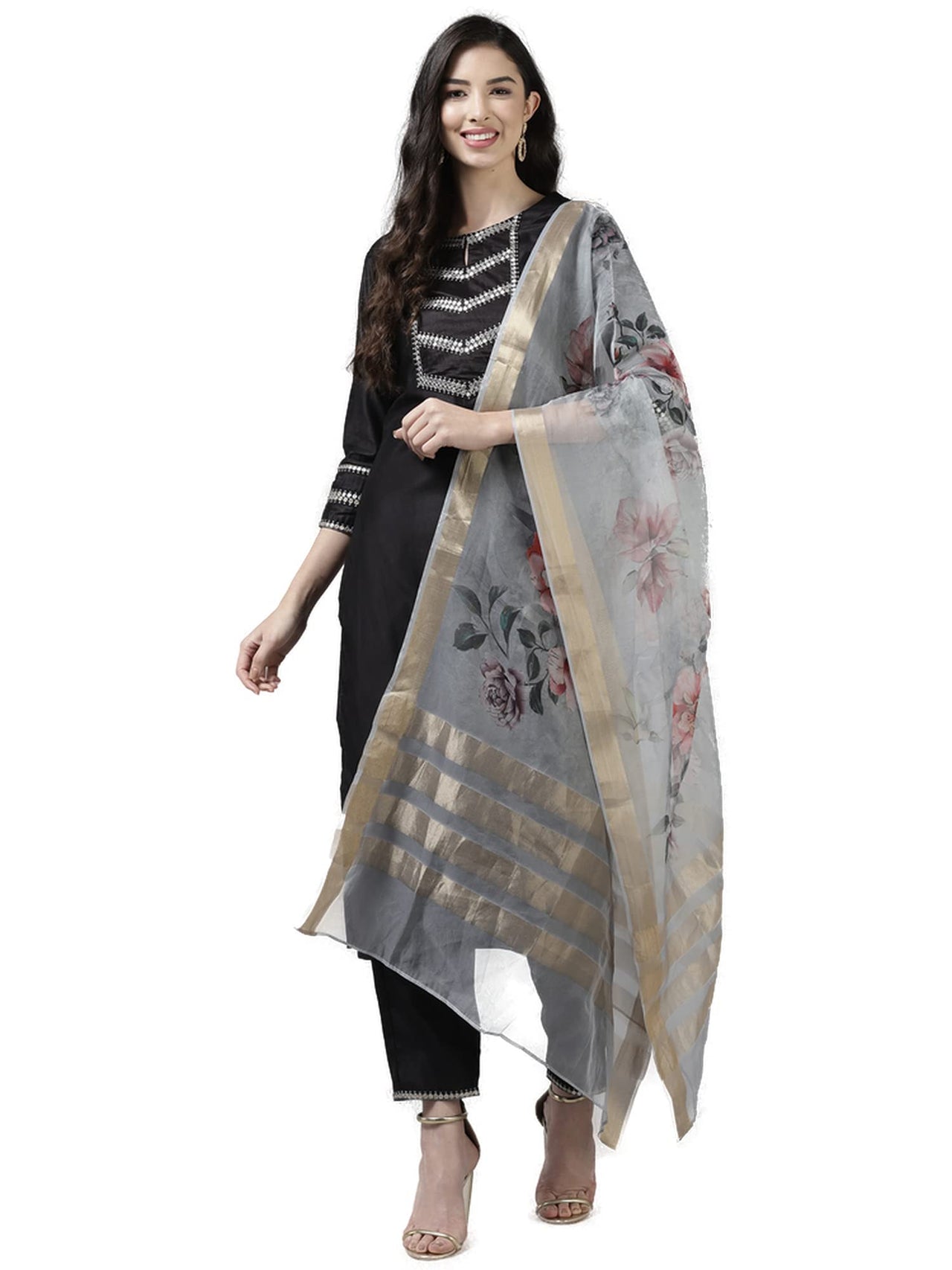 INDO ERA Women's  Cream Solid Viscose Straight Kurta Trouser With Dupatta Set