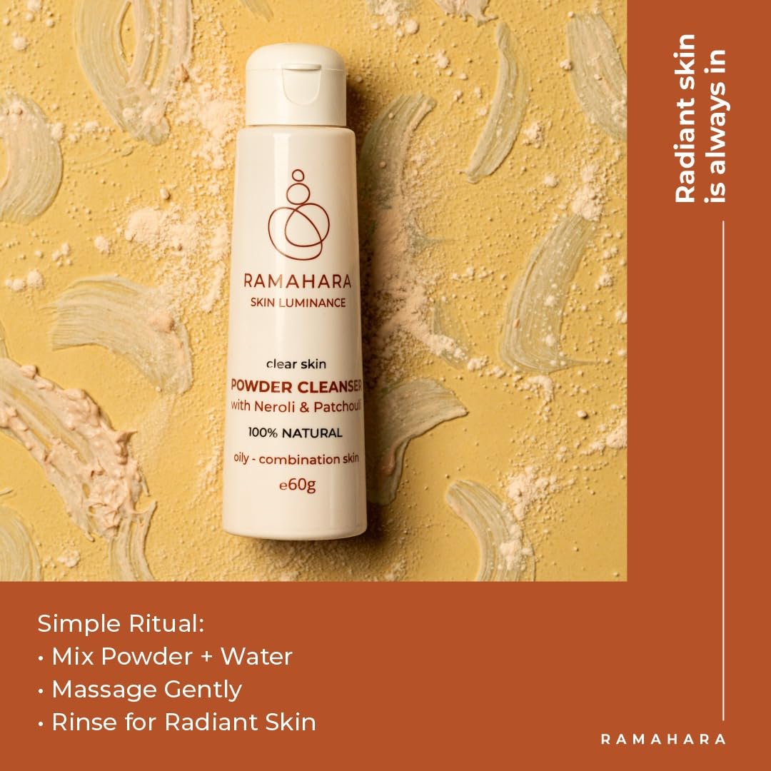 Ramahara Skin Luminance Clear Skin Powder Cleanser with Neroli & Patchouli 100% Natural Powder Face Wash, Skincare for Refreshed Face - Cleanses & Nourishes oily-combination skin, 60g