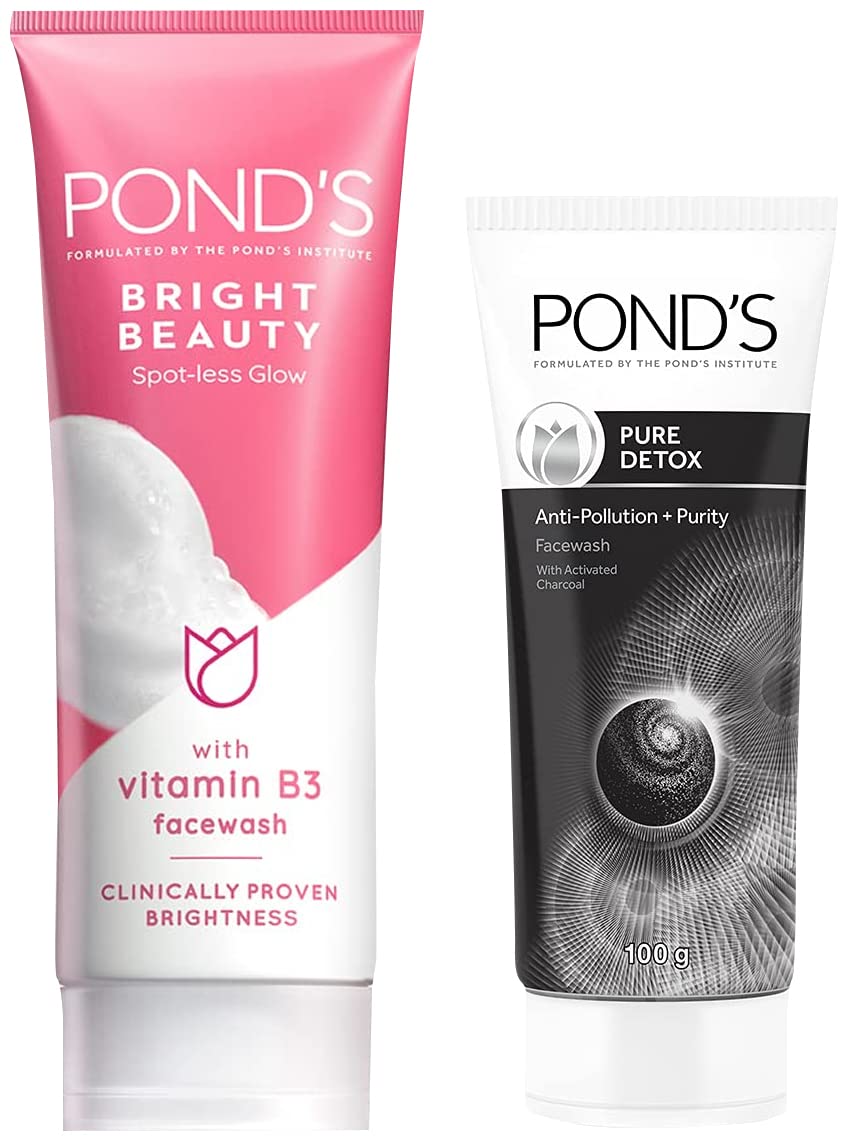 POND's Bright Beauty Spot-Less Glow Face Wash With Vitamins, Removes Dead Skin Cells & Dark Spots, Double Brightness Action, All Skin Types, 200G & Pure Detox Face Wash 100 G,