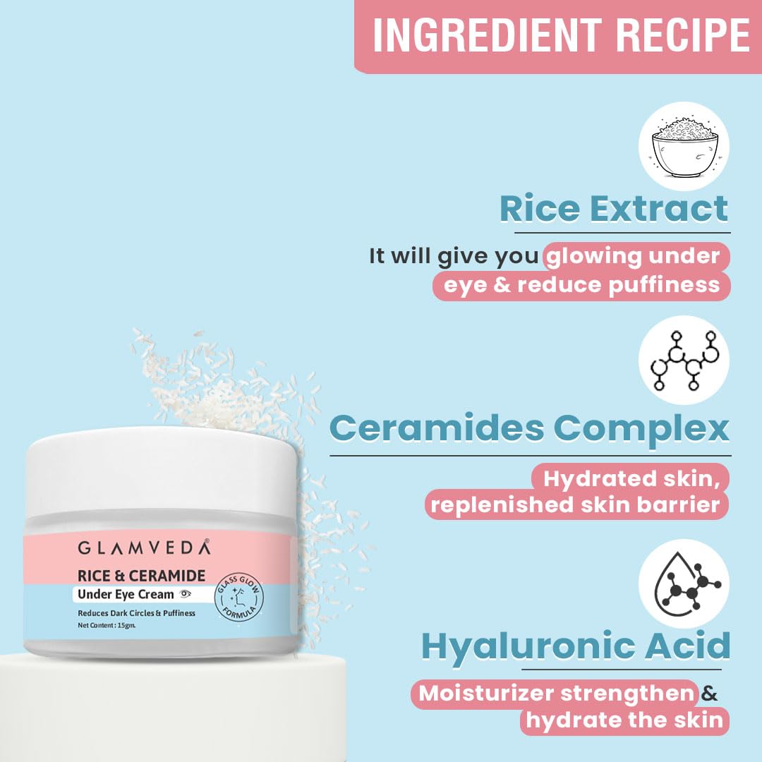 Glamveda Rice & Ceramide Under Eye Cream | Reduces Dark Circles & Puffiness | 15 gm