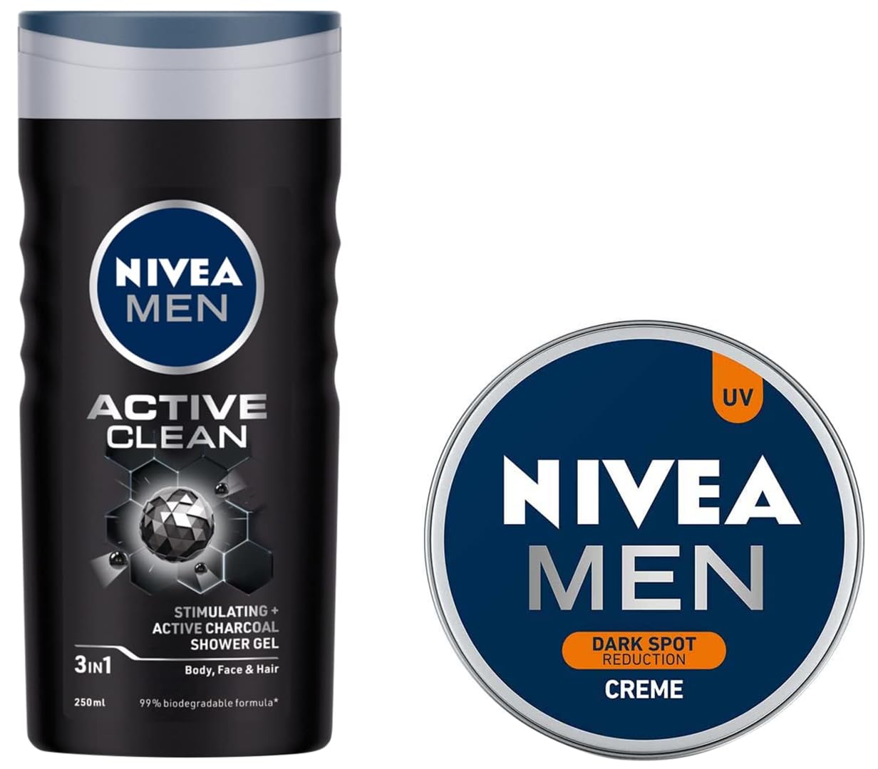 Nivea Men Shower Gel, Active Clean Body Wash, Men, 250ml & Men Creme, Dark Spot Reduction Cream, 75ml