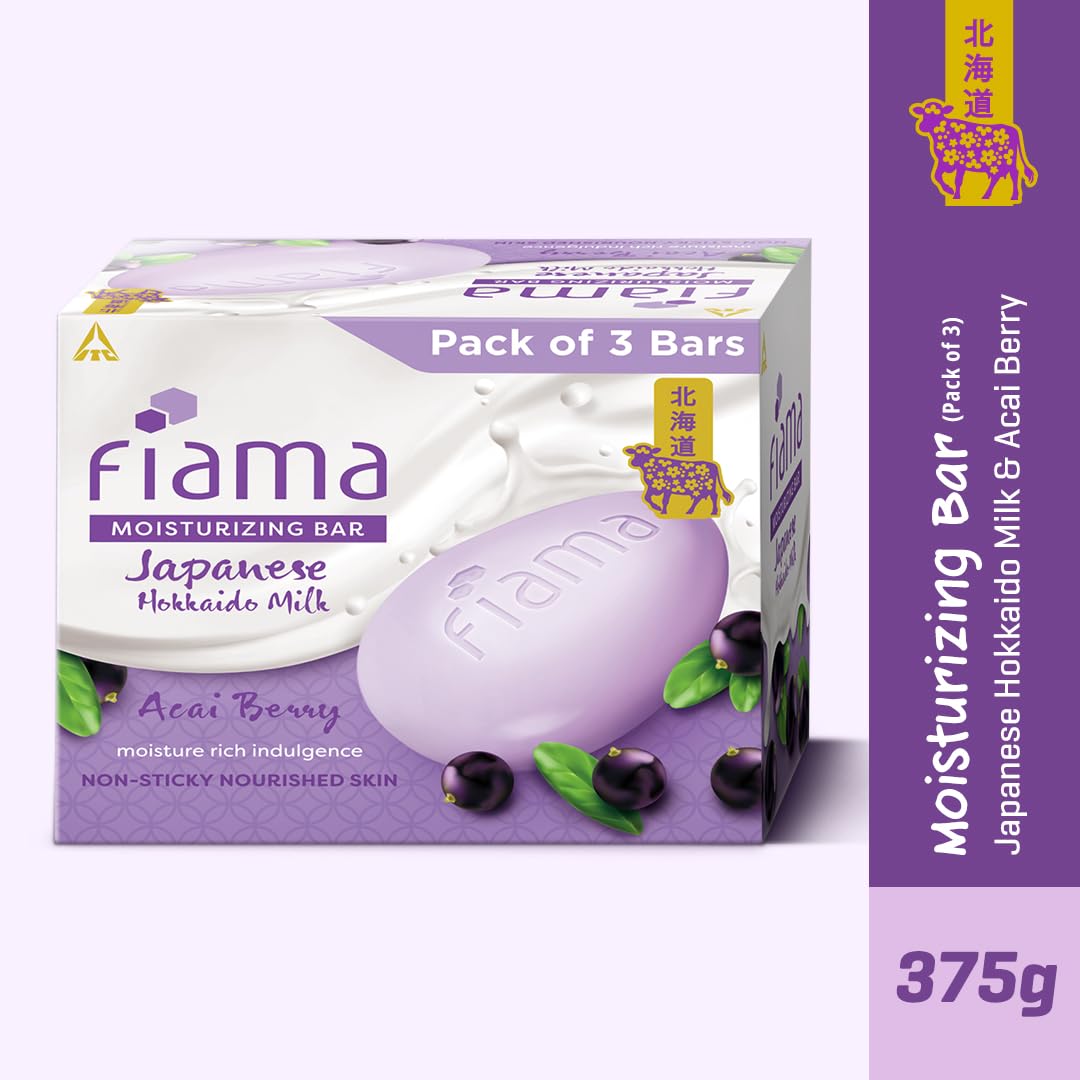 Fiama Moisturizing Soap Bar, Japanese Hokkaido Milk & Acai Berry, Soap Pack of 3, Non-Sticky Moisturized Skin, 1/3rd Skin Moisturizers, Vitamin F, Fragrant Freshness