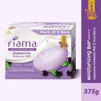 Fiama Moisturizing Soap Bar, Japanese Hokkaido Milk & Acai Berry, Soap Pack of 3, Non-Sticky Moisturized Skin, 1/3rd Skin Moisturizers, Vitamin F, Fragrant Freshness