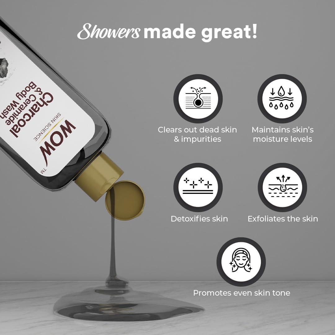 WOW Skin Science Charcoal & Ceramide Body Wash | Clears Skin Impurities | Removes Dirt & Dead Skin | Hydrates and Softens | Detoxifies Skin | Has Long lasting Fragrance | Powered by Cerabloom | 250ml