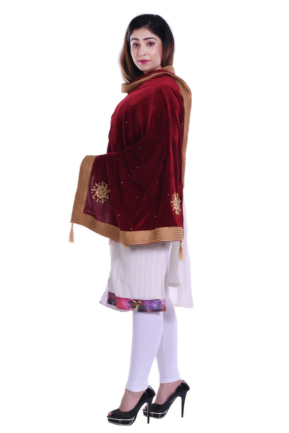 SNEH Women's  Velvet Heavy Work Stole with Tassel