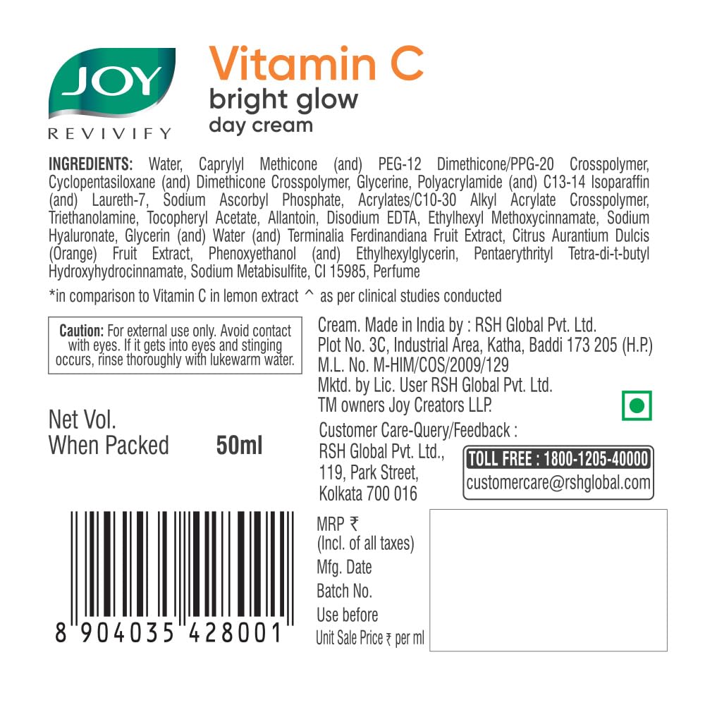 Joy Vitamin C Skin Brightening Face Cream with Kakadu Plum for Brighter Skin in 4 Days | Boosts Glow, Fades Dark Spots, Fights Ageing & Protects from Sun Damage | Oil Free Face Moisturizer - 50ml